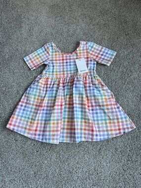 QUINCE plaid dress Size 3T, multi-colored pastel NWT